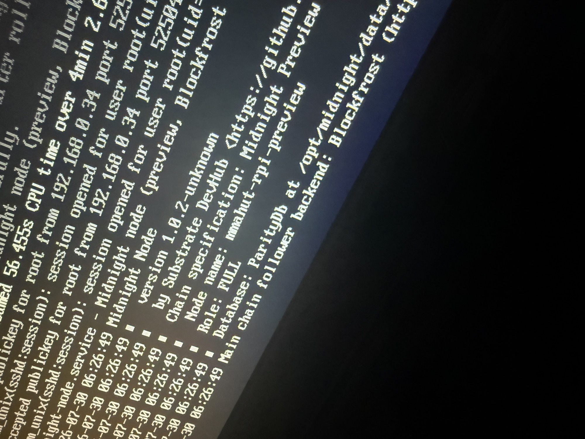 Midnight node boot banner on the Raspberry Pi console